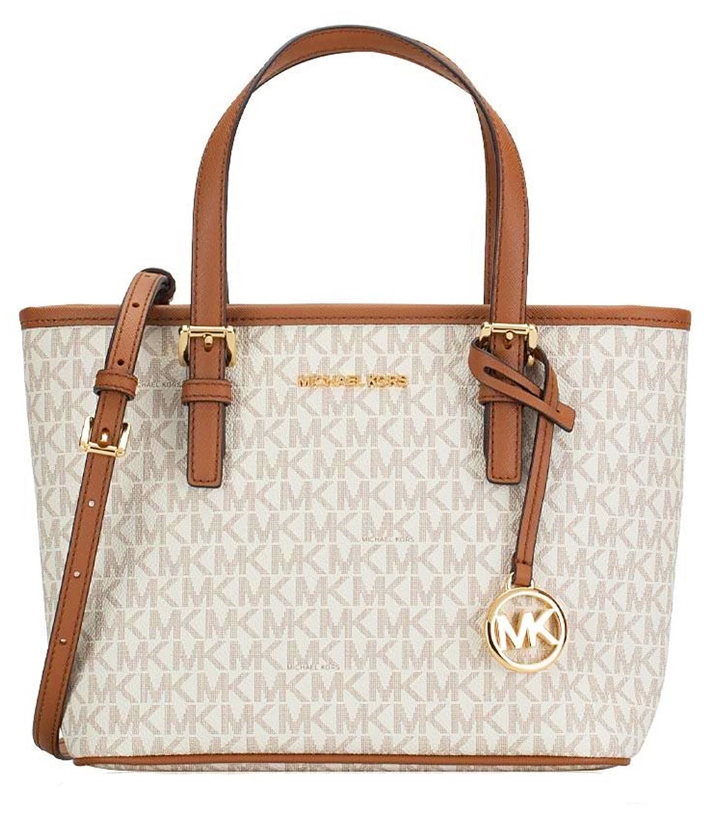 NEW MICHAEL KORS JET SET TRAVEL VANILLA WHITE PVC+TAN LEATHER TRIM TOTE,BAG