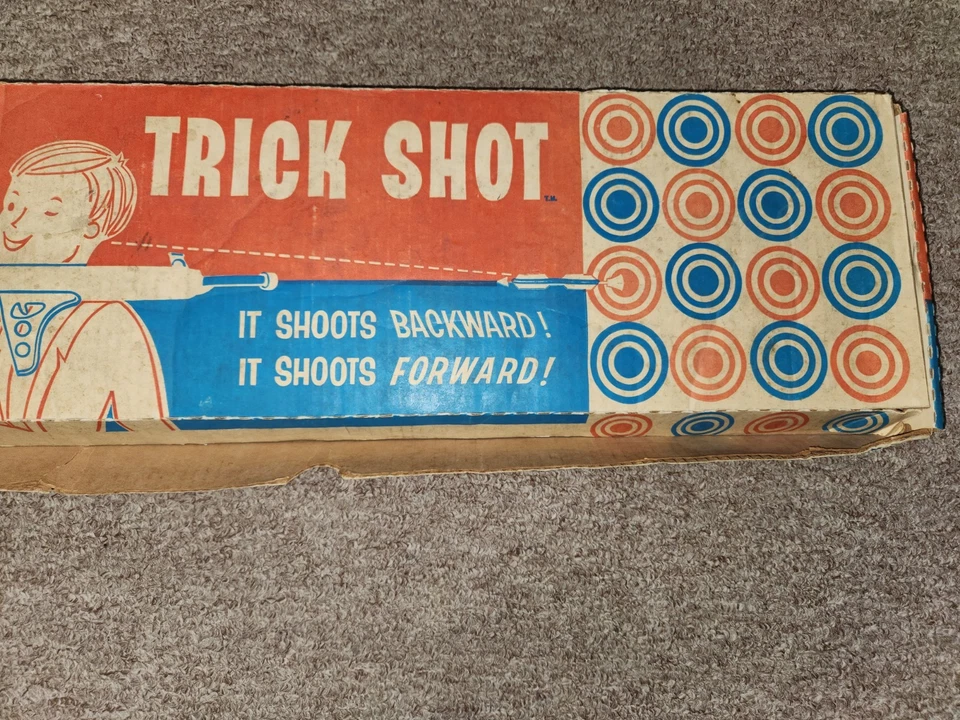 1961 Ideal Toy Space Trick Shot doble cara dos miras de dardos rojas con caja + funciona Foto 3 de 4