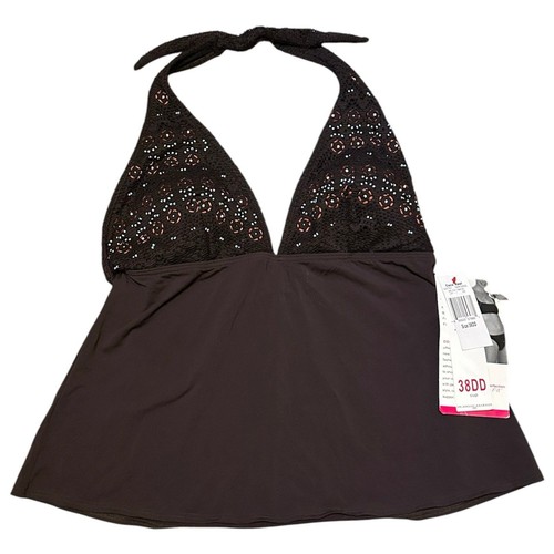 NWT Coco Reef Dark Chocolate Brown Beaded Crochet Halter Tankini Swim Top 38DD