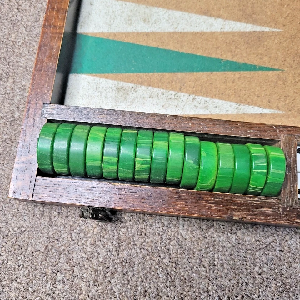 Vintage Backgammon Set-cork Board Green/white Points Marbled Chips Wood Case. - Image 2 of 4