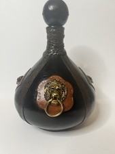 Vintage Italian Leather Wrapped Decanter Bottle Brass Lion Head Stopper Italy