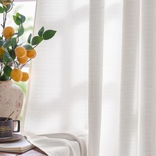 White Linen Textured Curtains 90 Inch Long 2 Panels for Living Room Grommet