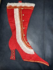 Vintage Handmade Red Felt Christmas Stocking Victorian Boot Embellished
