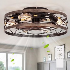 Small Fandelier Caged Ceiling Fan with Light, Farmhouse Low Profile Flush Mou...