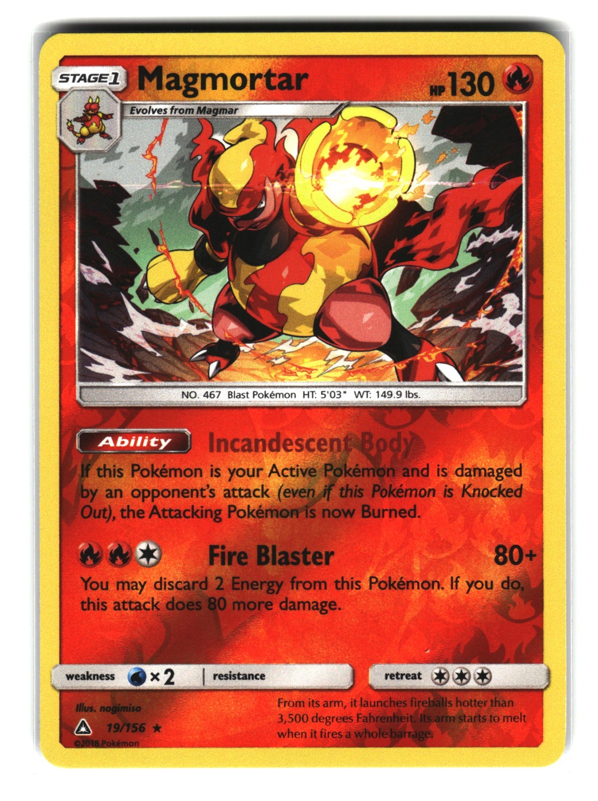 Magmortar 19/156 Rare Reverse Holo Ultra Prism Pokemon Card NM