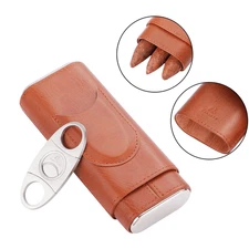 Galiner Leather Cigar Cedar Wood Case Humidor Portable 3 Tube Holder With Cutter