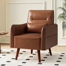CANMOV A Set Mid-Century Modern Leather Armchair Accent Chair w/Pillow Brown