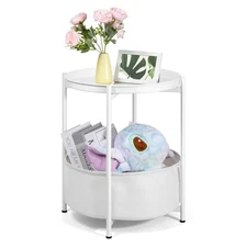 Round Side Table, White End Table with Storage Basket, Metal Night Stand with...