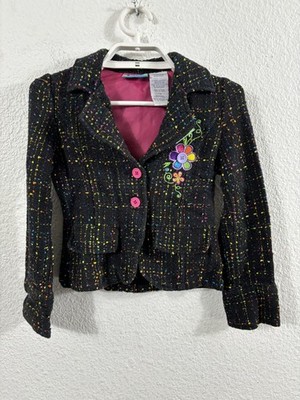 Lisa Frank Blazer Jacket Girls 7/8 Black Rainbow Tweed Embroidered Flower Boucle