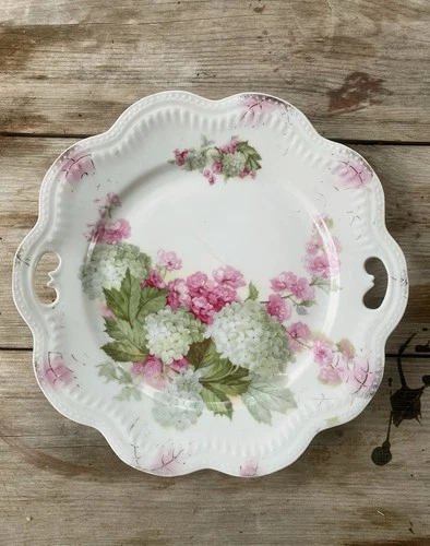 Antique B. & T. Co. Germany Porcelain Serving Dish Pink Rose Handled Cake Plate