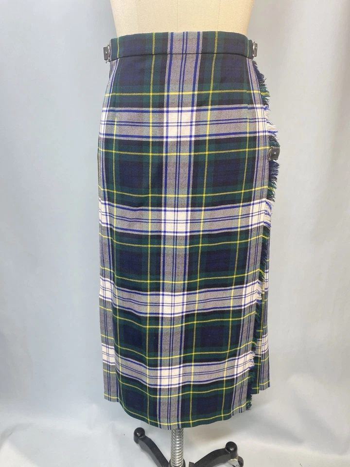 Falda Tartán Vintage TALLA PEQUEÑA 8 Cuadros Azul Verde Kilt Hebilla Midi Plisada Foto 2 de 4