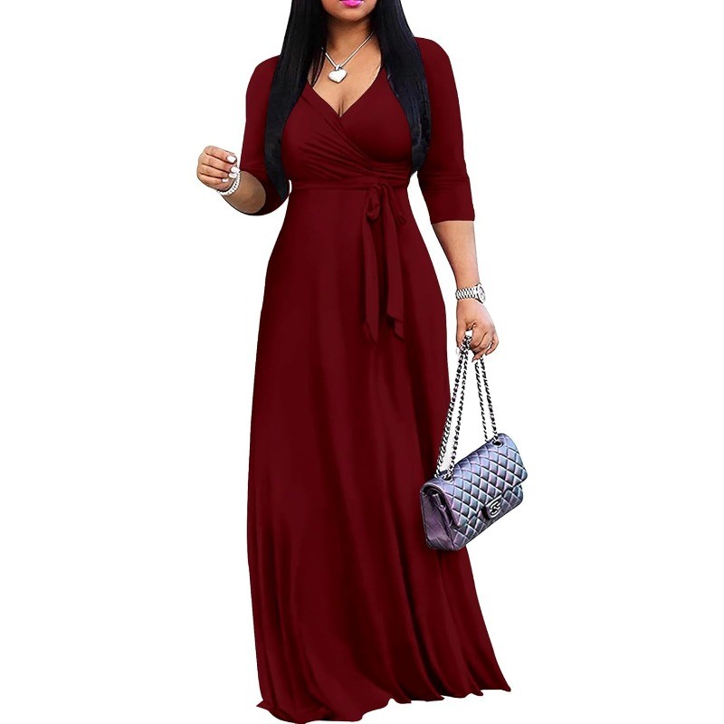 Womens Plus Size Long Maxi Wrap Dresses Summer Sundress V-Neck 3/4 Sleeve Dress