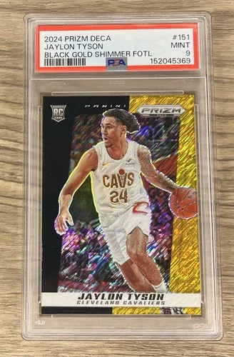 PSA 9 2024-25 Panini Prizm DECA Jaylon Tyson Black Gold Shimmer FOTL 3/8 (RC)