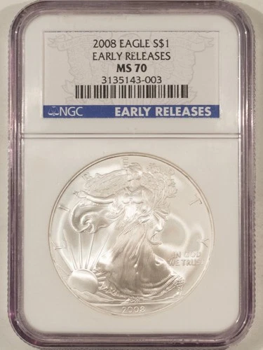 2008 $1 AMERICAN SILVER EAGLE, 1 OZ .999 - NGC MS-70, EARLY RELEASES!