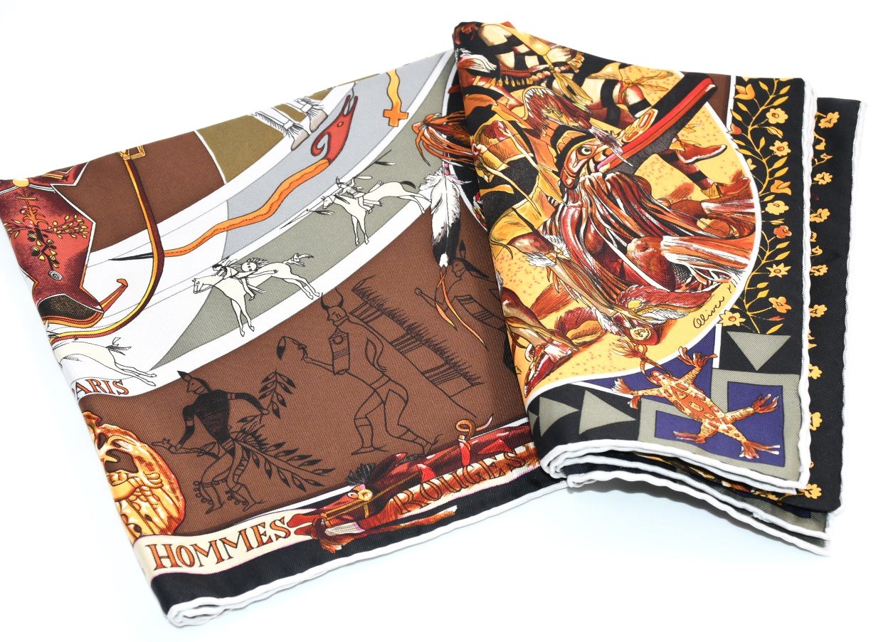 Hermes Scarf Les mythologies des hommes rouges 90 cm silk brown black Carre image 3