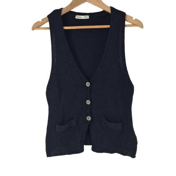 Pull&Bear Knit Vest Womens Size S Black V Neck Button Front Sleeveless 141007
