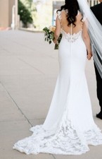 Morilee long wedding dress size 10 cap sleeve sheath ivory crepe and lace