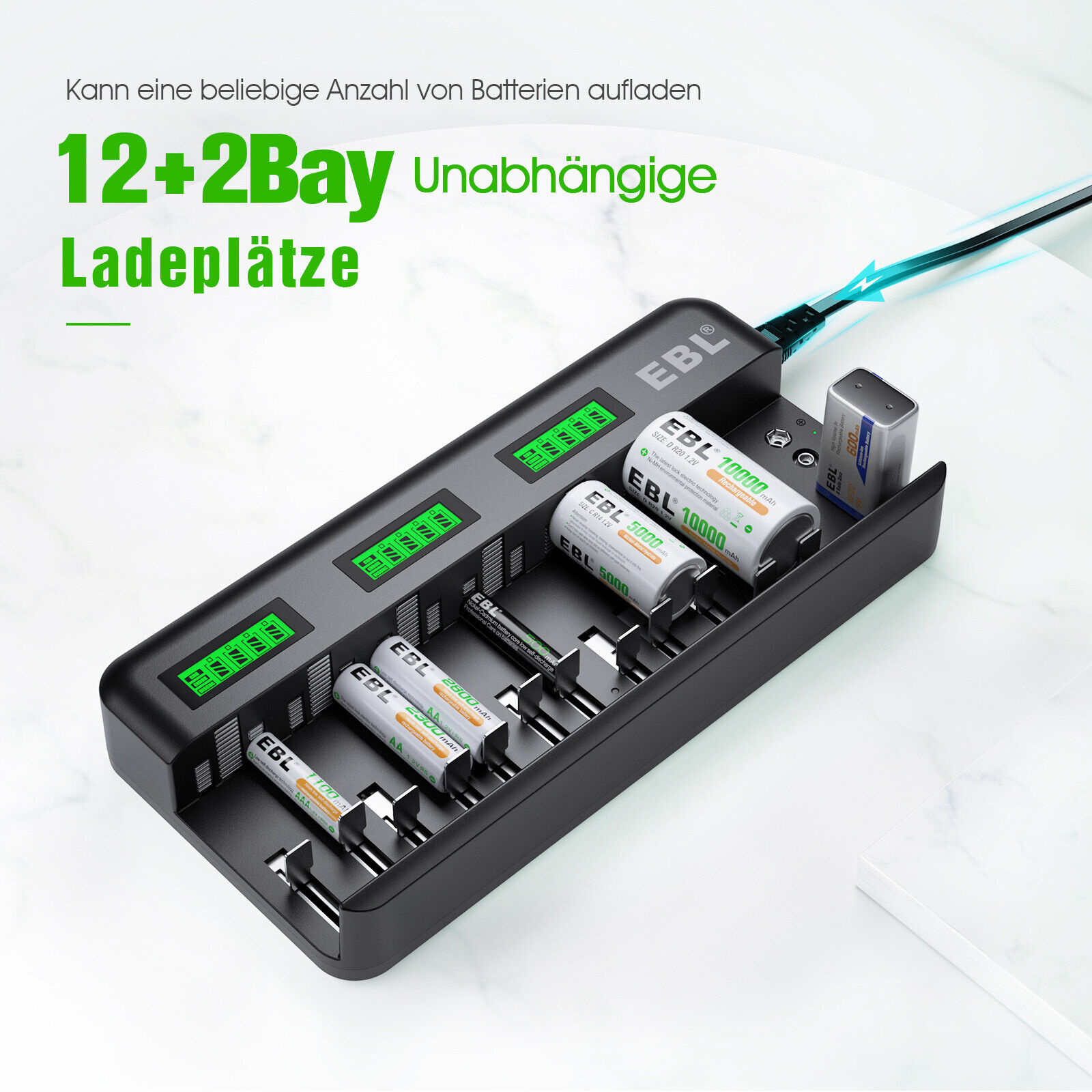 EBL12+2 Schnell Batterie Ladegerät für AA/AAA Akku/C/D NI-MH Akku/9V Li-ion Akku