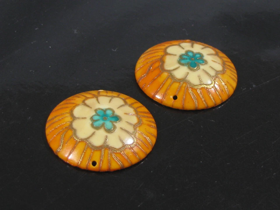 2 Antique CELLULOID DOMED BUTTONS - ORANGE, TEAL, GOLD - FLORAL - Image 3 of 4