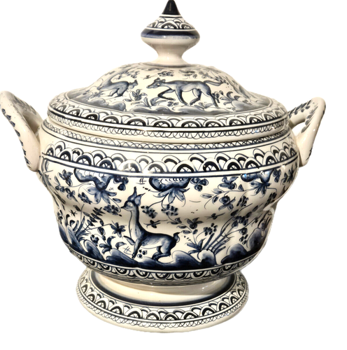 Keramik Coimoral Portugal Terrine mit Deckel blau & weiß Vögel Blumen 12" hoch Vintage