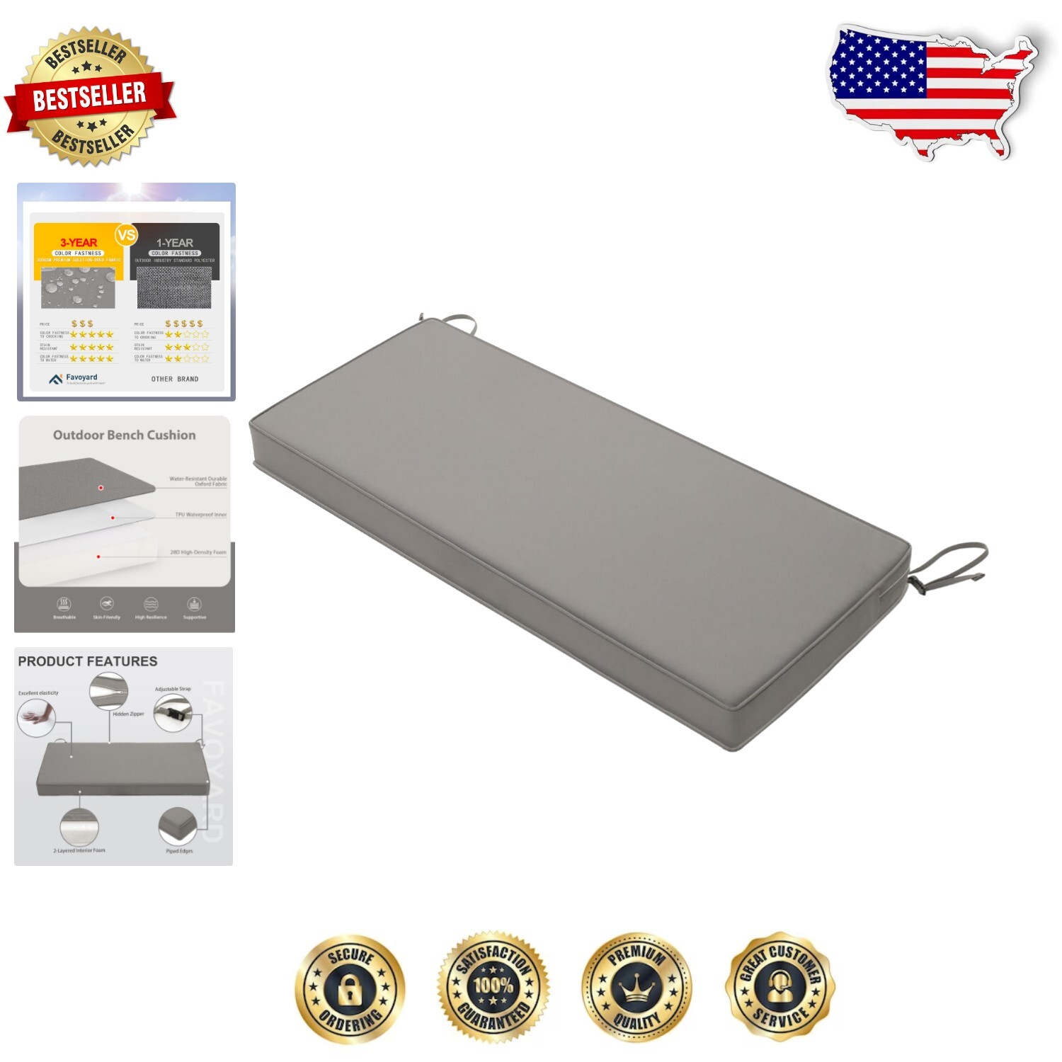 Comfortable Light Gray 3-Inch Thick Patio Bench Cushion with Adjustable Straps