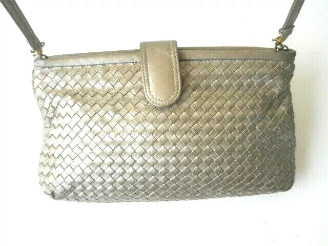 Ganson Silver Gold Shade Woven Leather 3 Comp. Shoulder Crossbody Clutch Bag