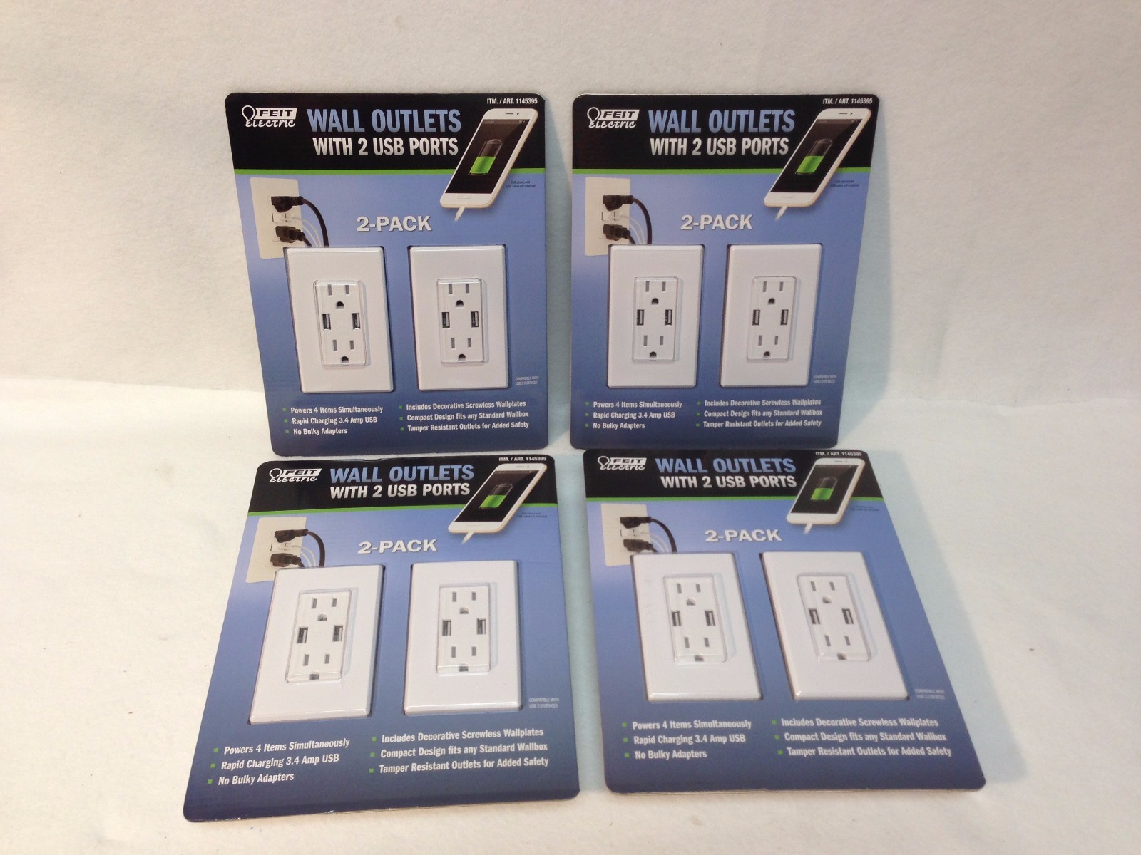 4 Packs of 2-Pack Feit Electric Wall Outlets with 2 USB Ports - New In Box