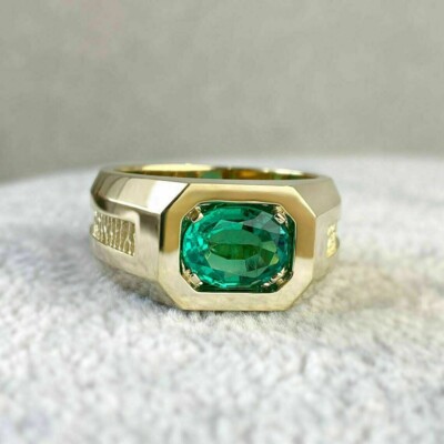 2.50CT Oval Lab Created Emerald Men's Statement Band Ring 14k Yellow Gold Plated