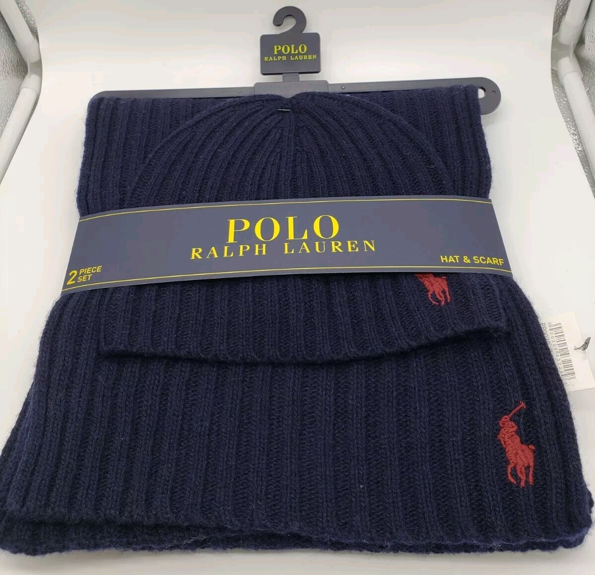 PONY Set sciarpa e cappello berretto Polo Ralph Lauren misto lana agnello blu navy con frangia rossa