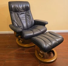 Ekornes Stressless Large "Tiara" Blue Leather Swivel Recliner and Ottoman