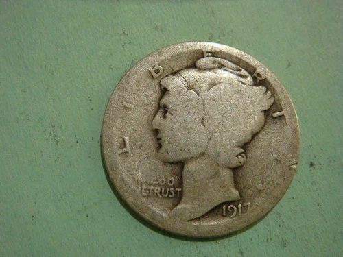 Very Worn edges 1917 D  Mercury Dime - album filler , actual coin in photo