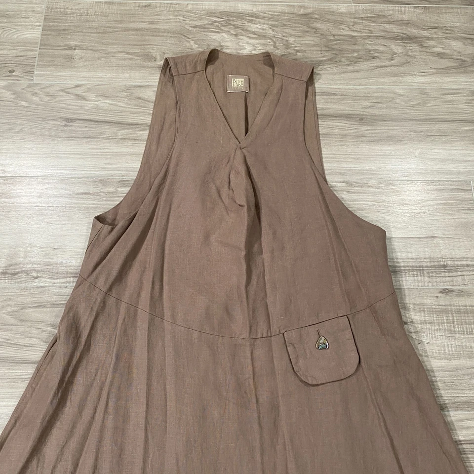 Vestido de lino vintage azul pescado ropa para mujer talla 1 marrón arte Lagenlook *DEFECTUOSO Foto 2 de 4
