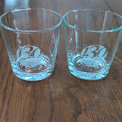 Set of 2 Four Roses Bourbon 130th Anniversary Glasses Embossed Rose Bottom
