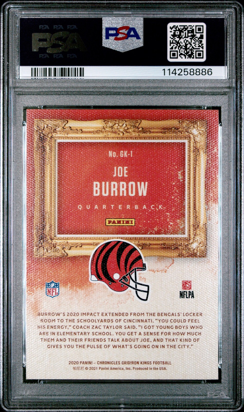2020 PANINI CHRONICLES GRIDIRON KINGS #GK1 JOE BURROW ROOKIE RC PSA 9 view 2