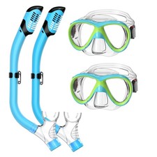 Jwintee Snorkel Set, Dry Top Snorkeling Gear for Kids, Blue Green 2 Pack 
