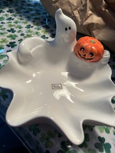 Fitz & Floyd GHOST w/ JACK-O-LANTERN CANDY DISH 1987 HALLOWEEN +PLUS Little Guy!