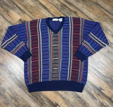 Norm Thompson Sweater Mens L 3D Embroidered Blue Made Italy V-Neck Pullover Knit