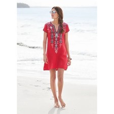 Johnny Was Embroidered Peta East Tunic Mini Dress Red Size Small