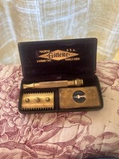 Brass Antique Safety Razor Gillette in Metal Box, Gilded Brass