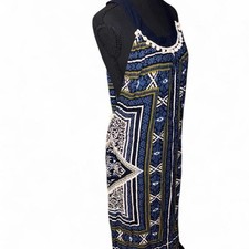 RAGA Women's Extra Small Boho Mixed Print Open Back Maxi Dress Pom Pom Trim XS