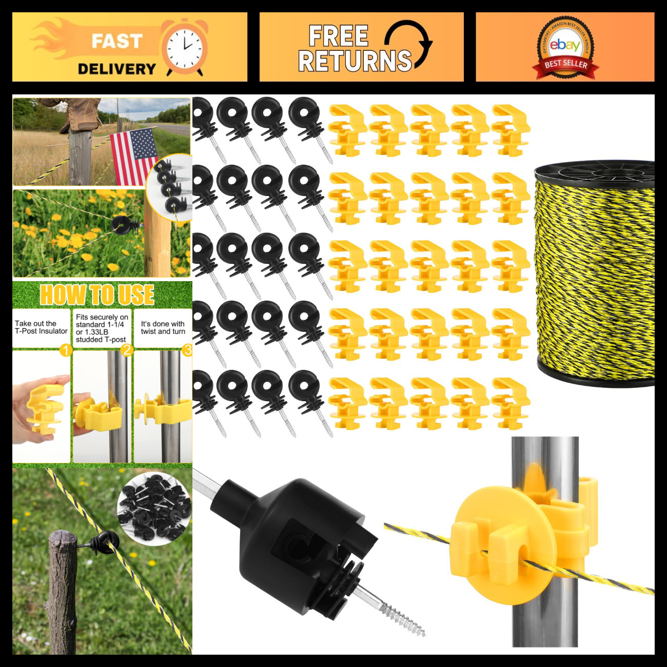 52 Pcs Electric Fence Kit - 1640 ft Yellow Poly Wire & 50 Insulators for Farm Us