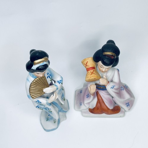 Vintage Porzellan Geisha Figur 2 Mädchen Fan Trommel Paar Ornamente handbemalt - Bild 2 von 18