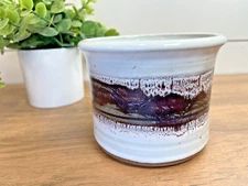 ART STUDIO POTTERY Vase Planter Squat Glazed PURPLE & WHITE Stoneware SIGNED