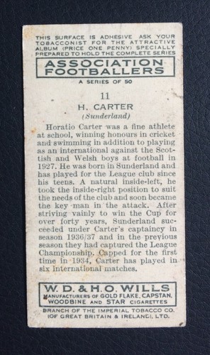 W.D. & H.O. Wills - Association Footballers Card 1939 No11 H. Carter Sunderland - Picture 2 of 2