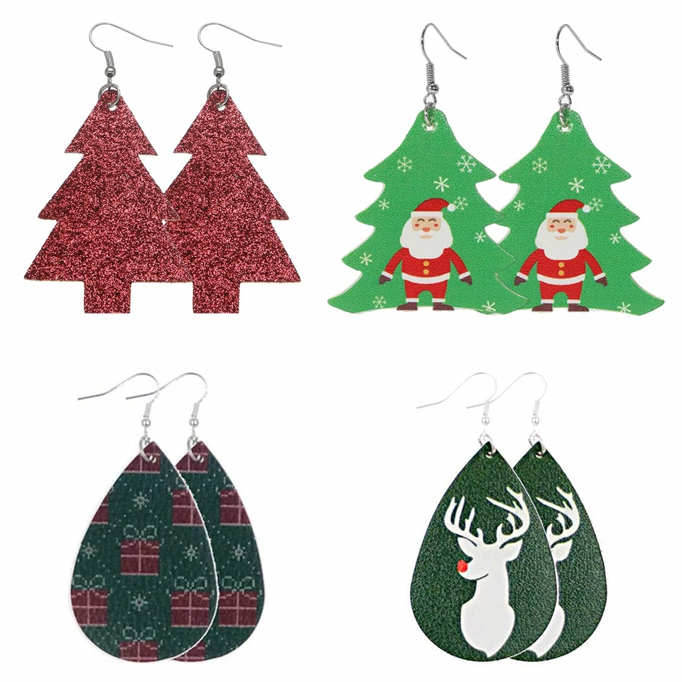 Christmas Faux Leather Teardrop Dangle Lightweight Earrings - Xmas New Year Gift - Image 2 of 4