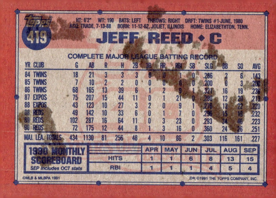 1991 Topps #419 Jeff Reed - Cincinnati Reds | eBay