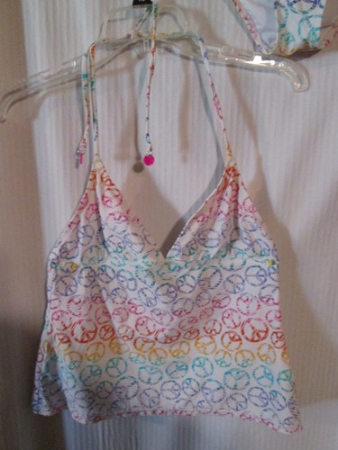 Mudd Tankini S M Bikini Halter Swimsuit Pink Purple White Yellow Peace Signs - Picture 2 of 9
