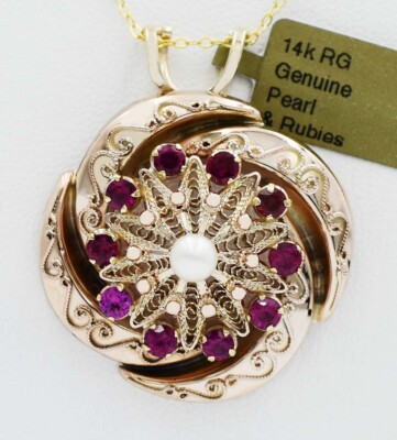 LAB RUBIES & GENUINE PEARL PENDANT NECKLACE 14k ROSE GOLD-NWT