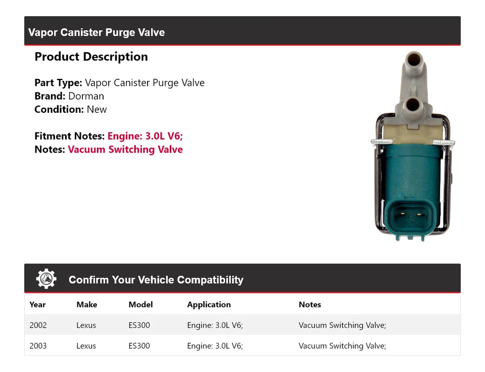 Válvula de purga de bote de vapor Dorman de 3,0 L para Lexus ES300 2002-2003 Foto 2 de 4