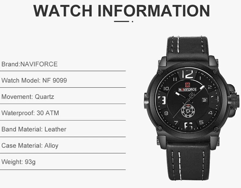 NAVIFORCE 9099 Sport Top Brand Luxury Waterproof Leather Quartz Watch